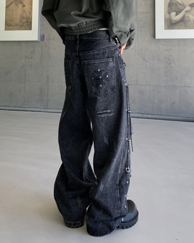 Retro Distressed Rivet Wide-Leg Denim Jeans