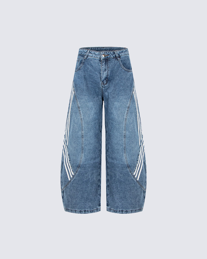 Striped Panel Washed Denim Pants