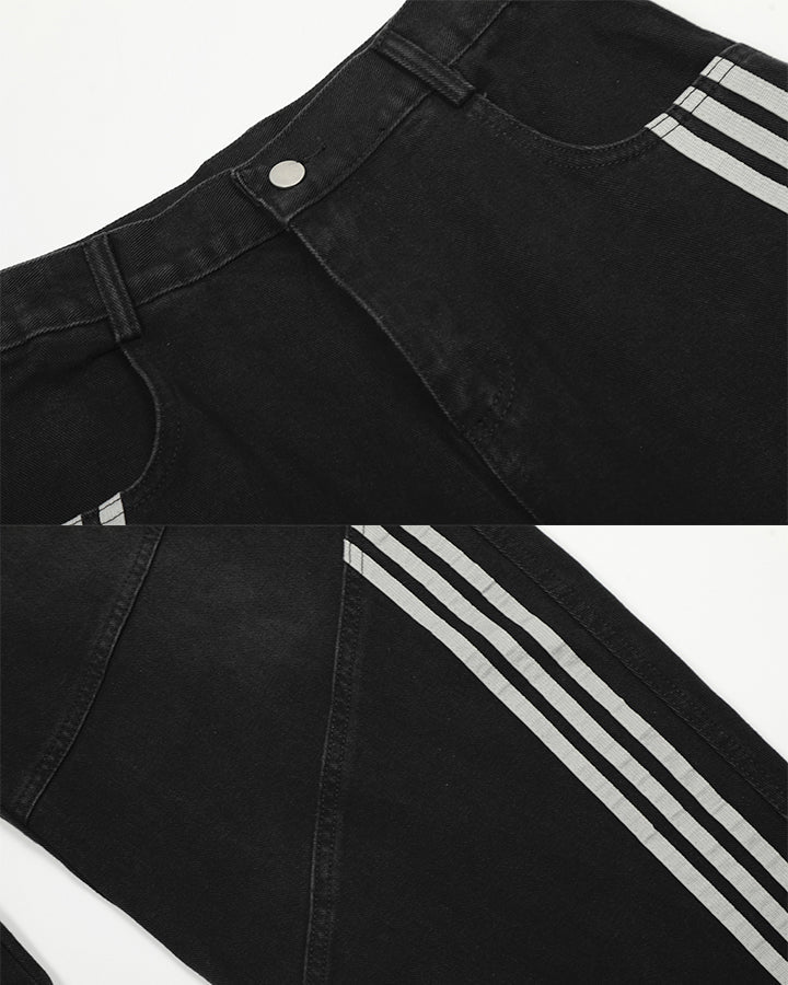 Striped Panel Wide-Leg Denim Pants