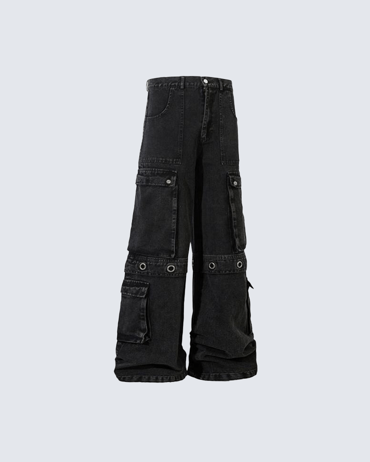 Black Wide-Leg Cargo Pants with Metal Grommets
