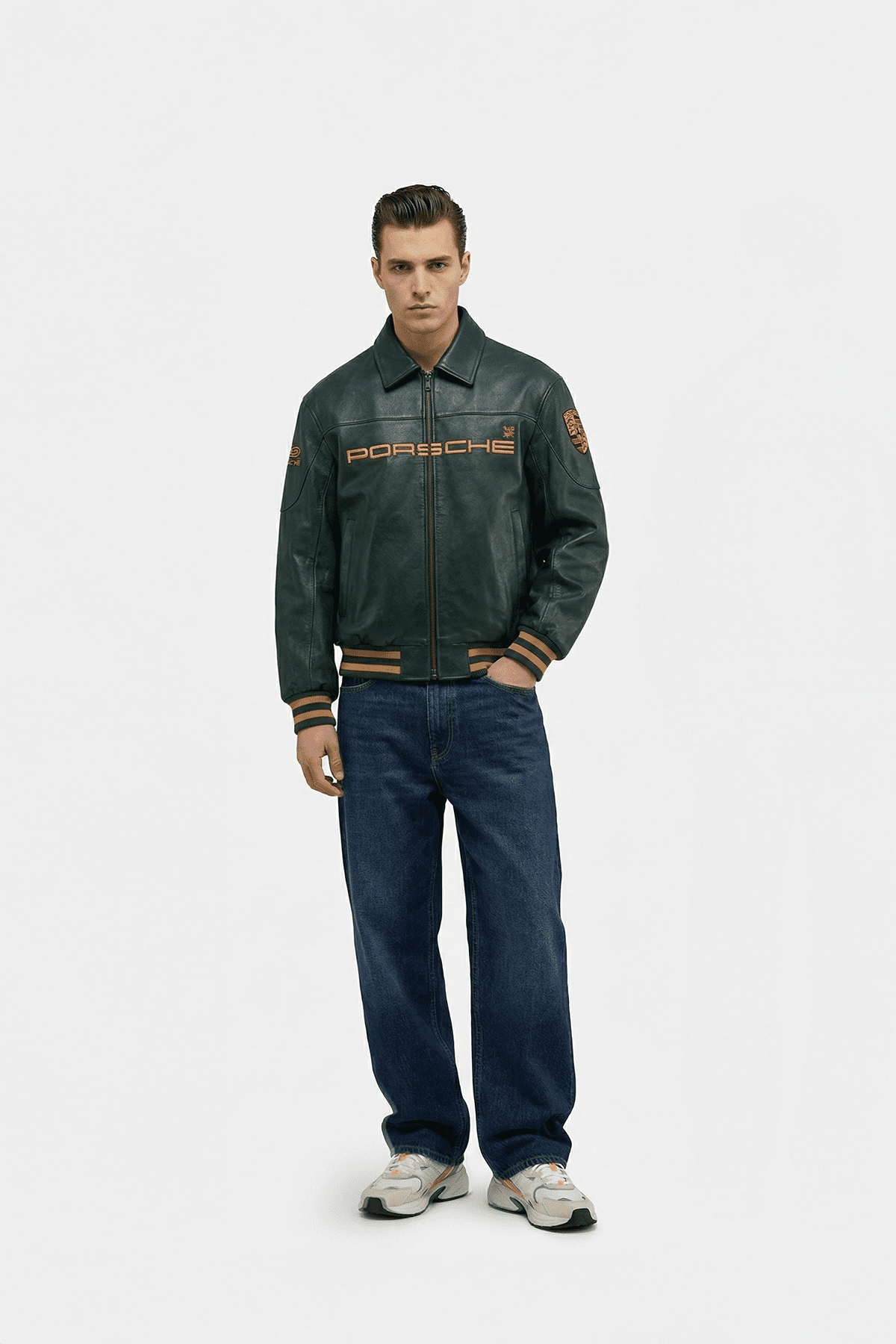 Porsche Vintage Leather Bomber Jacket - Green Edition