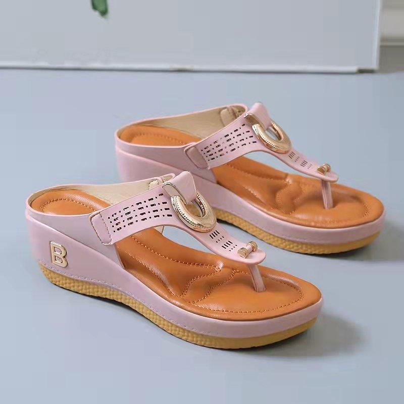 Boho Wedge Flip-Flops — Gold Ring Detail, Summer Platform