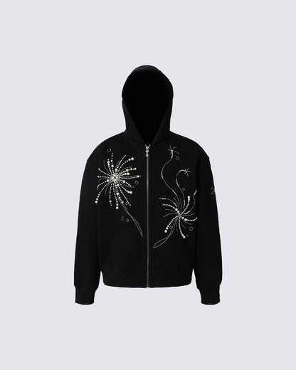Firework Pearl Embroidery Zip-Up Hoodie