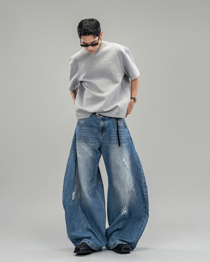 Pleated Blade-Cut Washed Jeans