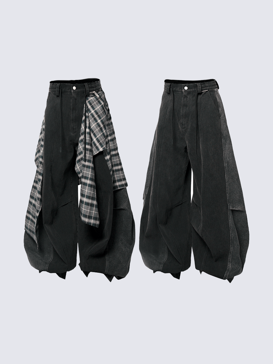 Detachable Plaid Layer Wide-Leg Pants
