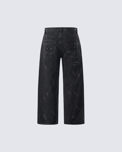 Retro Distressed Rivet Wide-Leg Denim Jeans