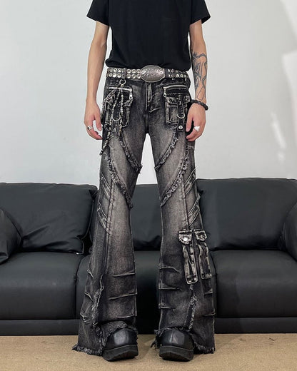 Frayed Flare Denim Cargo Pants