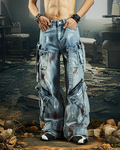 Deconstructed Graffiti Strap Cargo Jeans