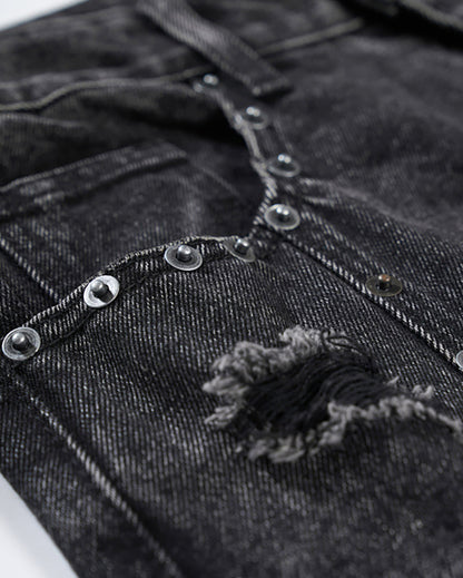 Retro Distressed Rivet Wide-Leg Denim Jeans