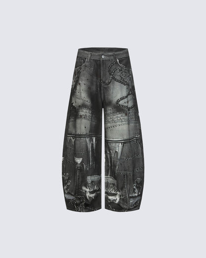 Graphic Print Wide-Leg Denim Jeans