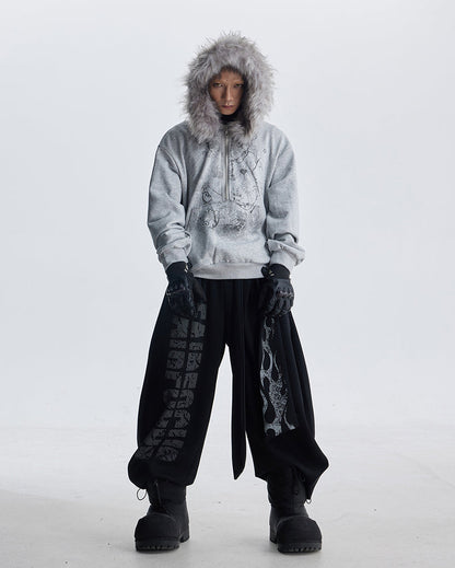 Totem Print Tie-Waist Scimitar Relaxed Wide-Leg Sweatpants