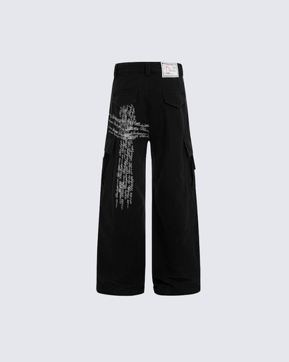 Cross Letter Print Wide-Leg Cargo Pants