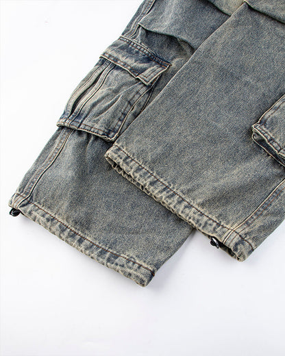 Washed Denim Multi-Pocket Cargo Pants