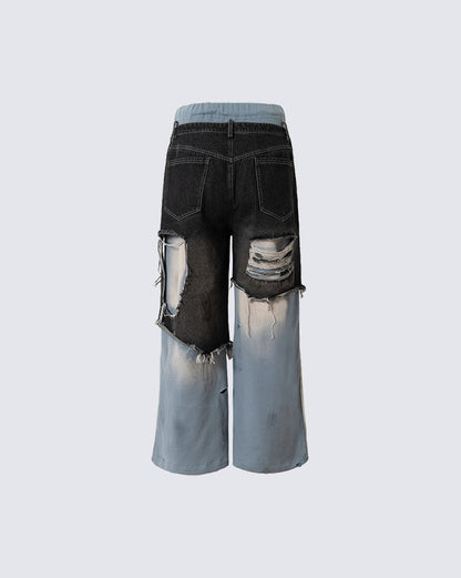 Faux Two-Piece Distressed Casual Pants