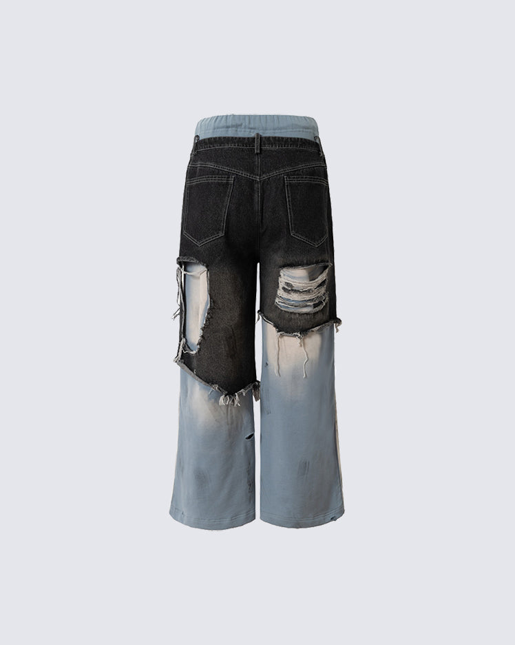Faux Two-Piece Distressed Casual Pants