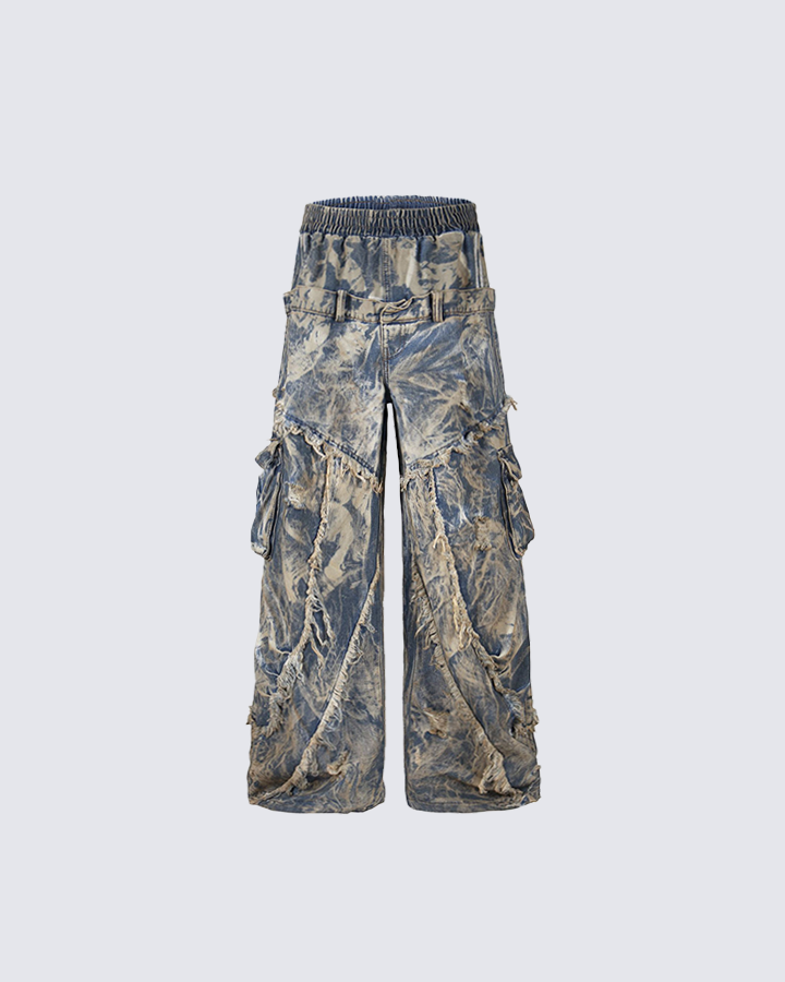 Distressed Cargo Wide-Leg Jeans