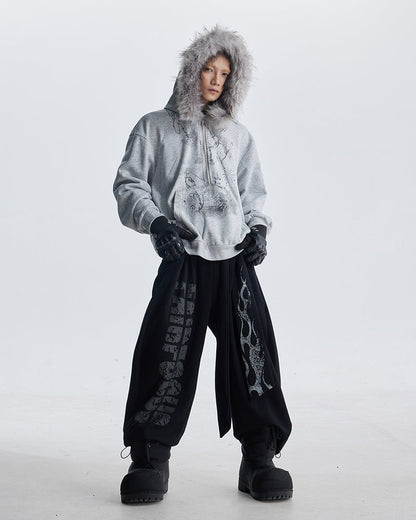 Totem Print Tie-Waist Scimitar Relaxed Wide-Leg Sweatpants