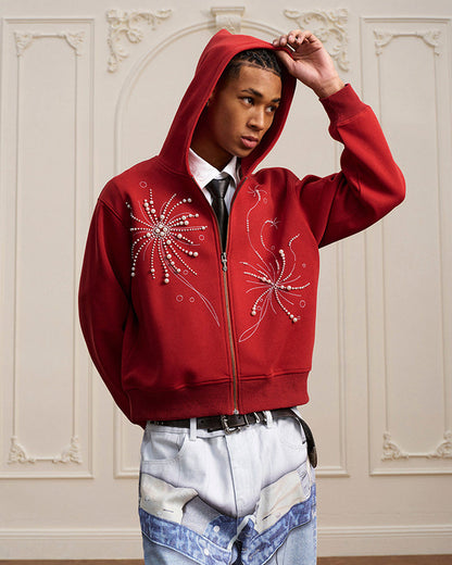Firework Pearl Embroidery Zip-Up Hoodie