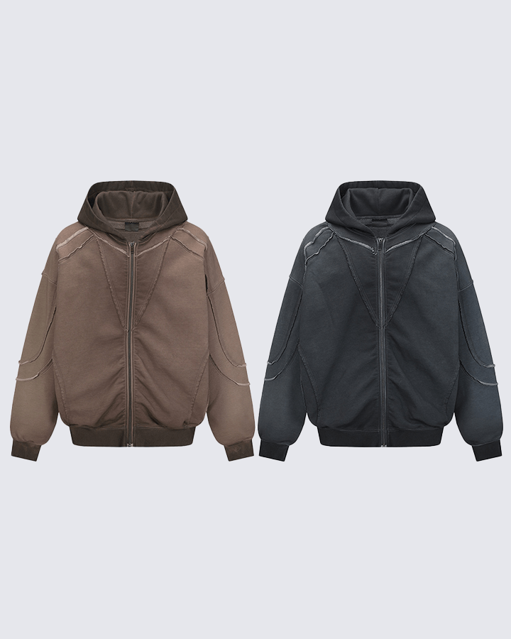 Paneled Stitch Line Zip-Up Hoodie