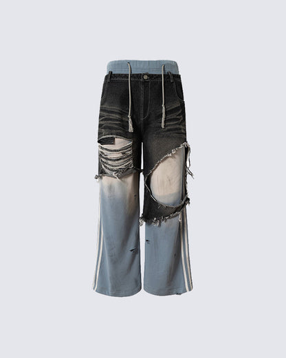 Faux Two-Piece Distressed Casual Pants