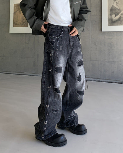 Retro Distressed Rivet Wide-Leg Denim Jeans