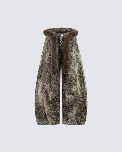 Leopard Print Fur-Trimmed Pants