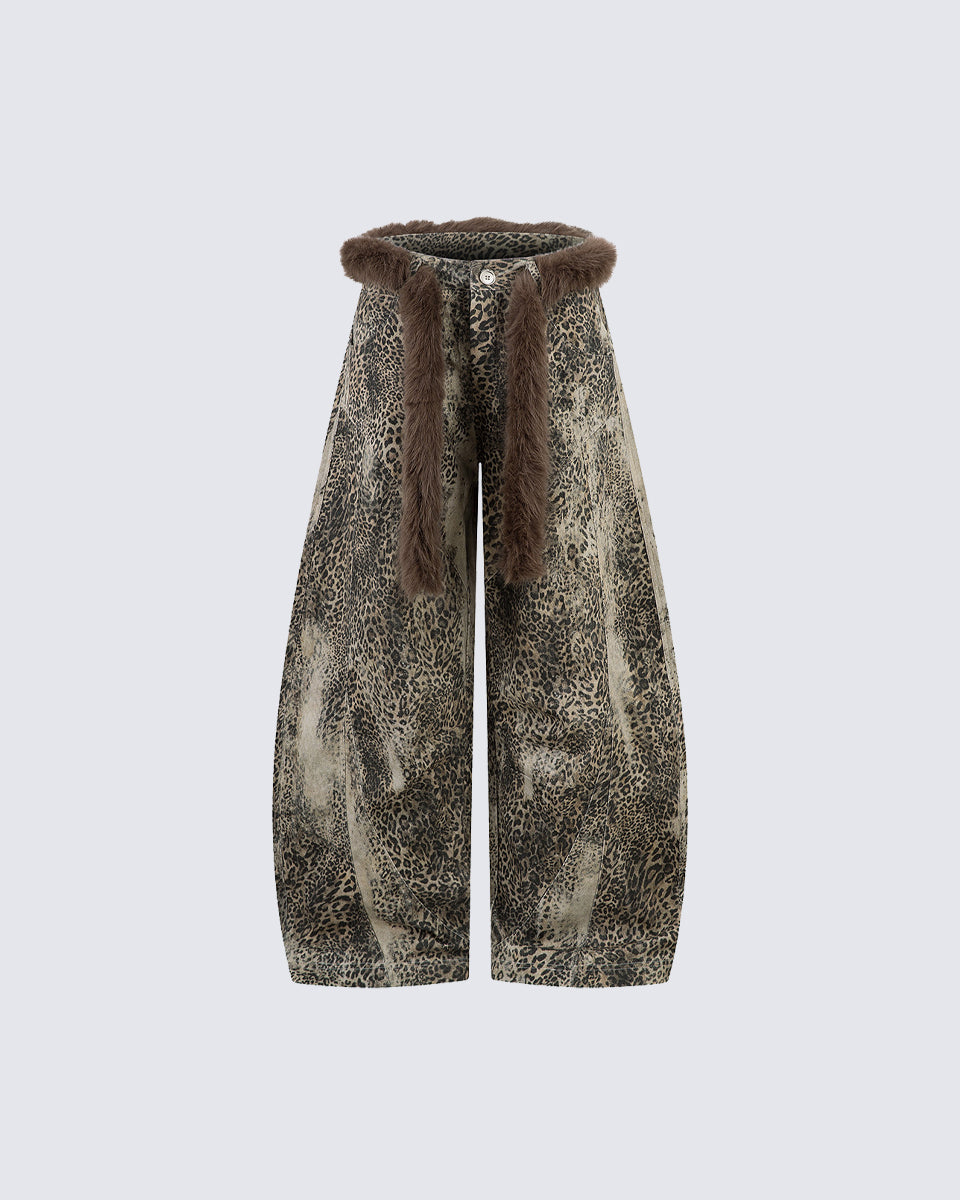 Leopard Print Fur-Trimmed Pants