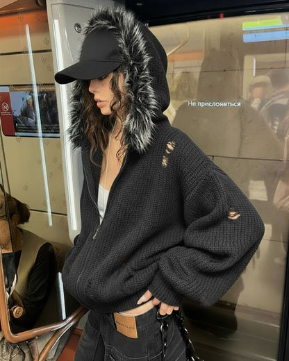 KIIKIO Destroyed Knitted Sweater Plush Coat