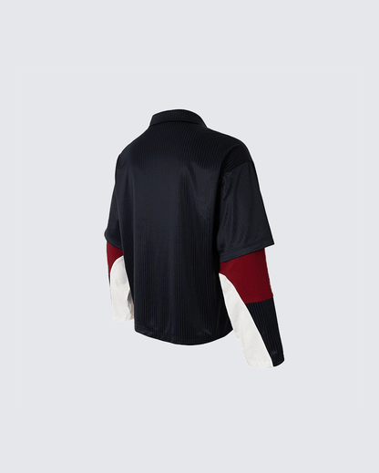 Colorblock Patchwork Polo Collar Long Sleeve T-Shirt