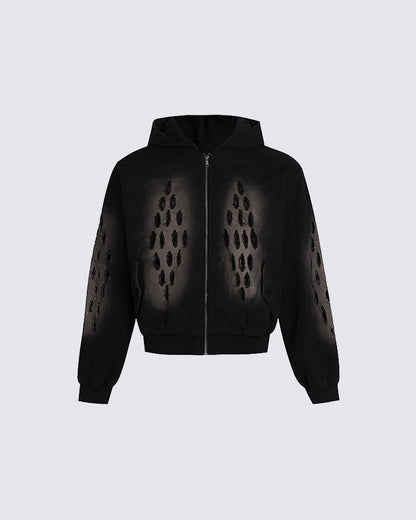 Dark Distressed Ripped Hooded Sweatshirt