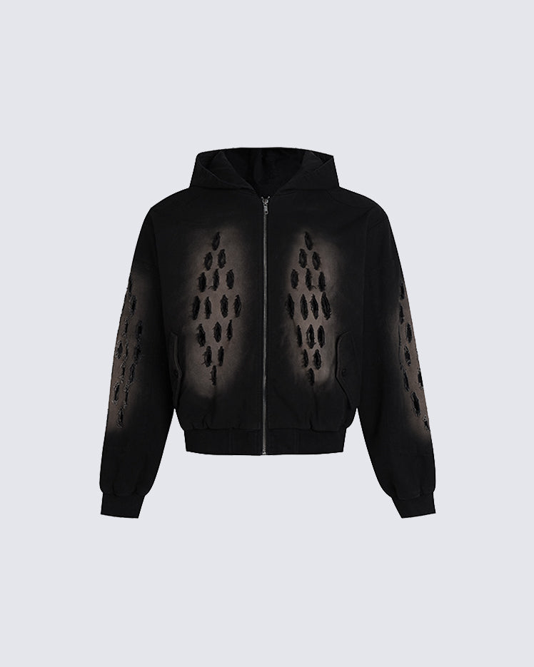 Dark Distressed Ripped Hooded Sweatshirt