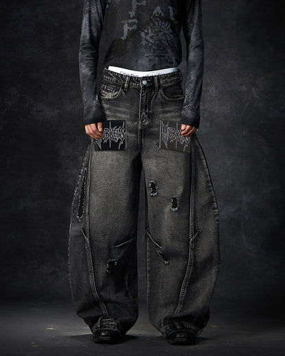American Avant-Garde Distressed Letter Wide-Leg Jeans