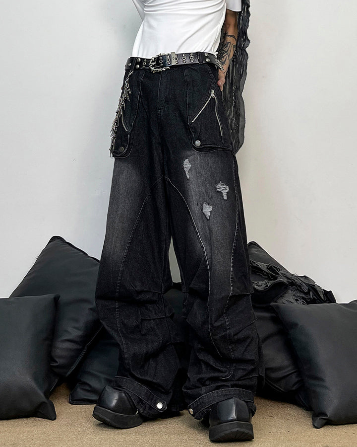 Washed Distressed Wide Leg Jeans