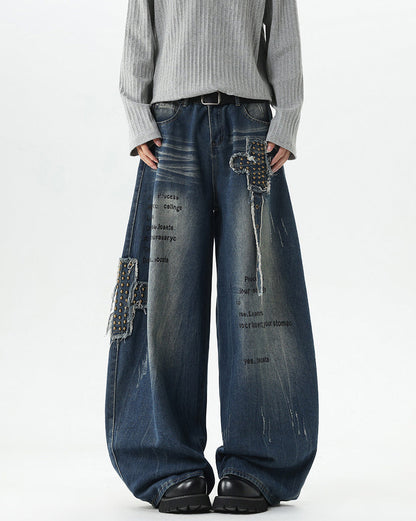 European-American Retro Studded Wide Jeans