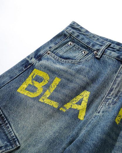 Retro Letter Print Wide-Leg Cargo Jeans