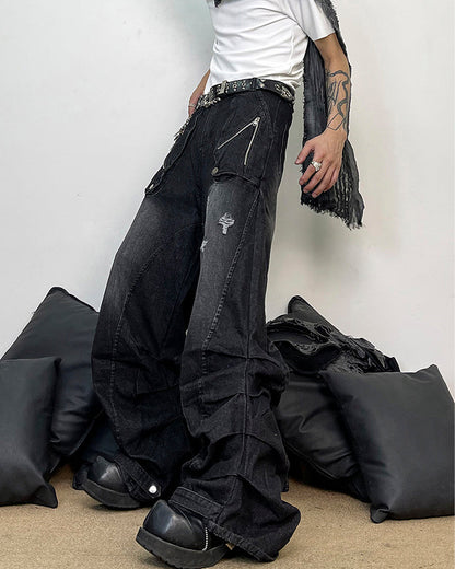 Washed Distressed Wide Leg Jeans