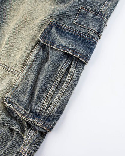 Washed Denim Multi-Pocket Cargo Pants