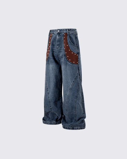 Leather Patch Pocket with Studded Detail Denim Pants
