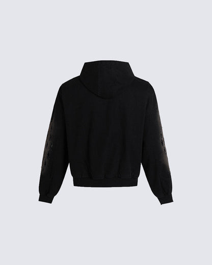 Dark Distressed Ripped Hooded Sweatshirt