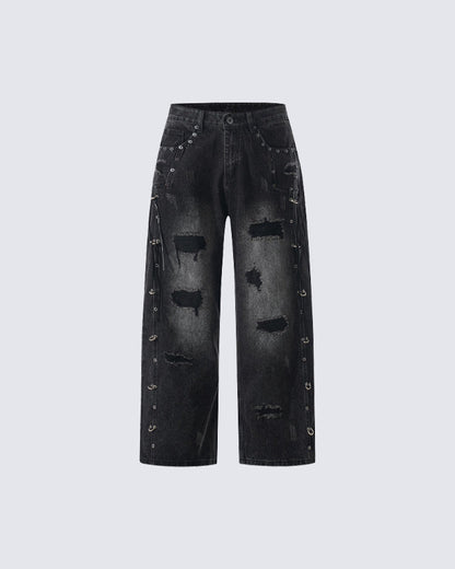 Retro Distressed Rivet Wide-Leg Denim Jeans