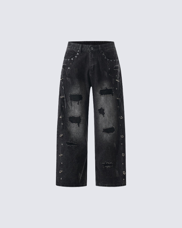 Retro Distressed Rivet Wide-Leg Denim Jeans