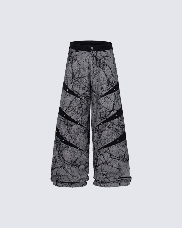 Creative Crack-Pattern Heavy Wide-Leg Pants