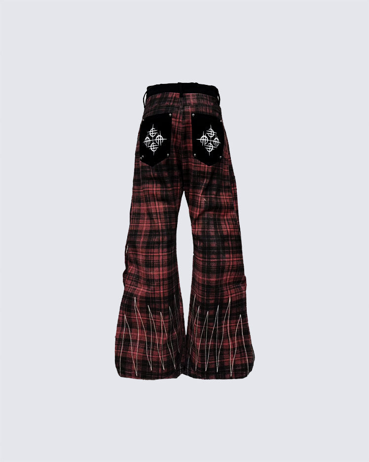 Plaid Frayed Patchwork Printed Pants