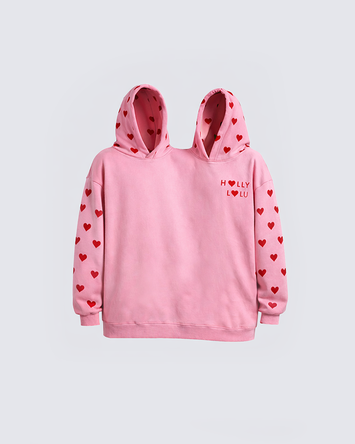 Heart Print Two-Person Connected Pullover Hoodie