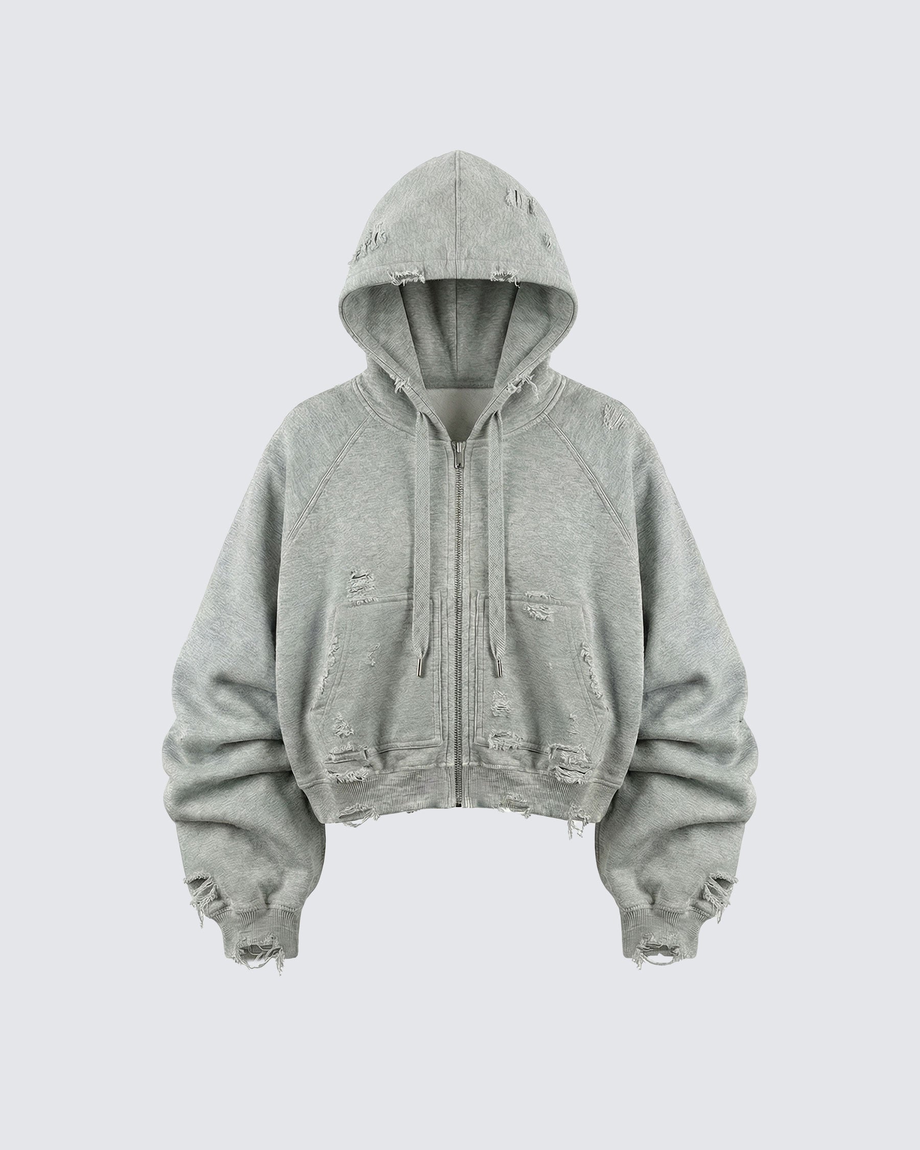 LOW SATURATION-Distressed Cropped Zip-Up Hoodie