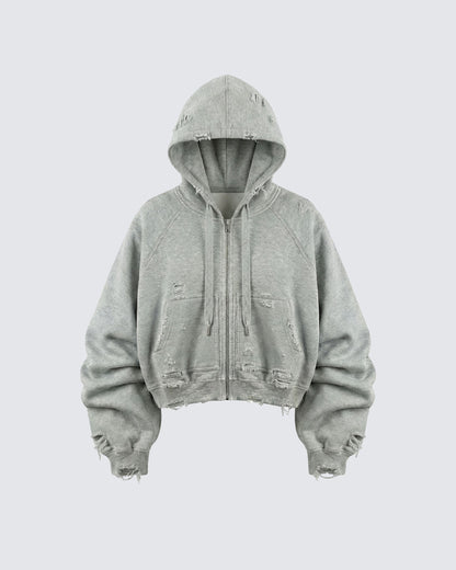 LOW SATURATION-Distressed Cropped Zip-Up Hoodie