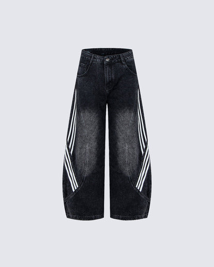 Striped Panel Washed Denim Pants
