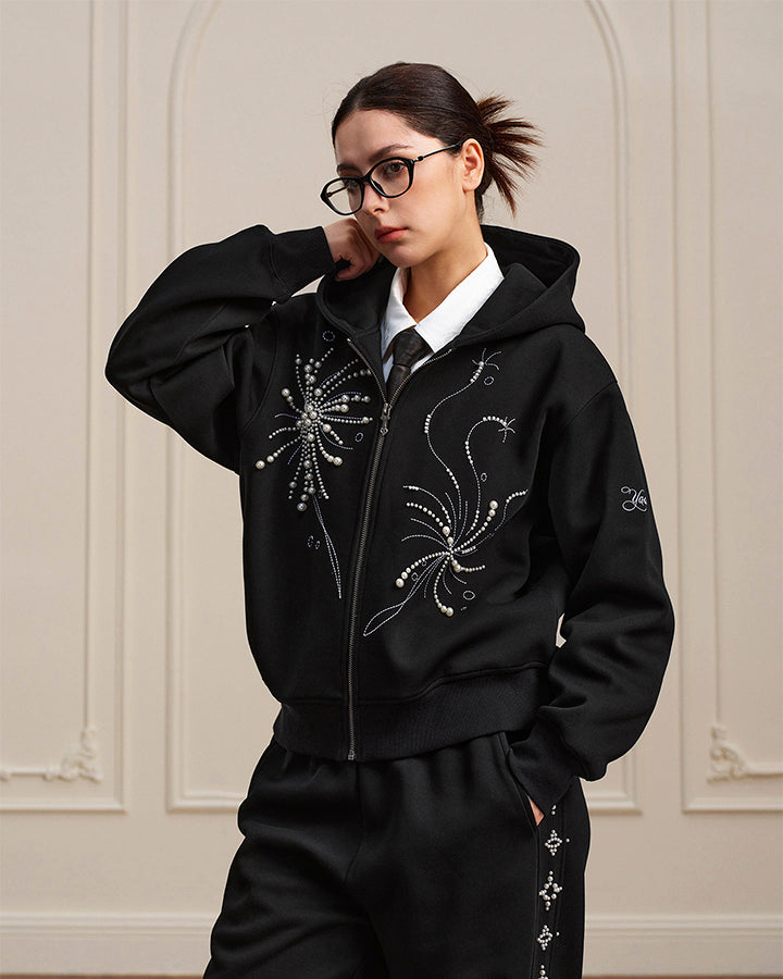 Firework Pearl Embroidery Zip-Up Hoodie