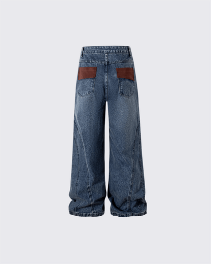 Leather Patch Pocket with Studded Detail Denim Pants