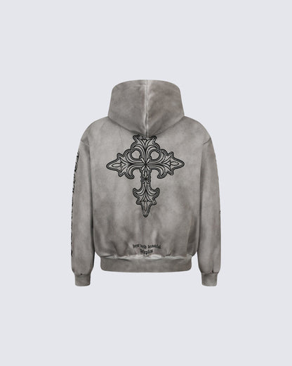 New Washed Cross Print Zip Hoodie